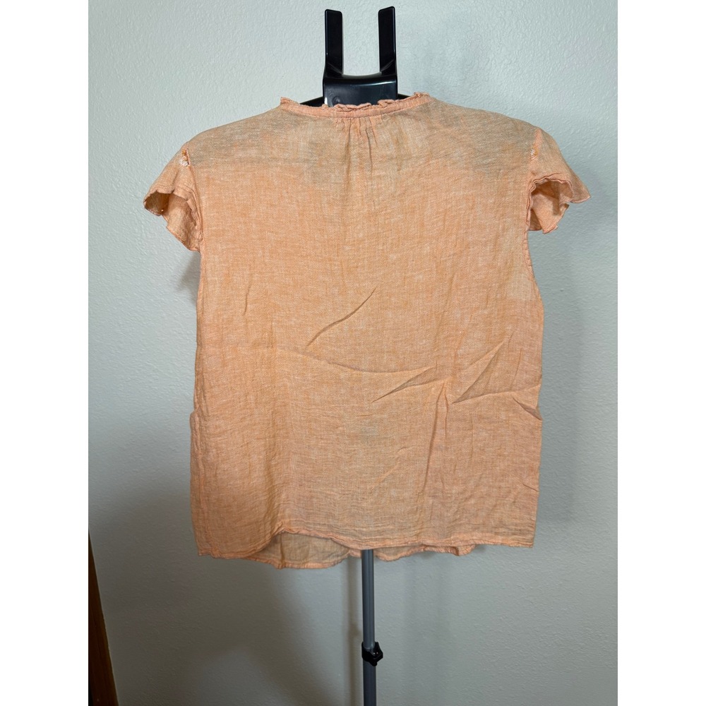 Hester & Orchard Orange Linen Blend Ruffle Neck Button Down Blouse Small - Picture 3 of 6